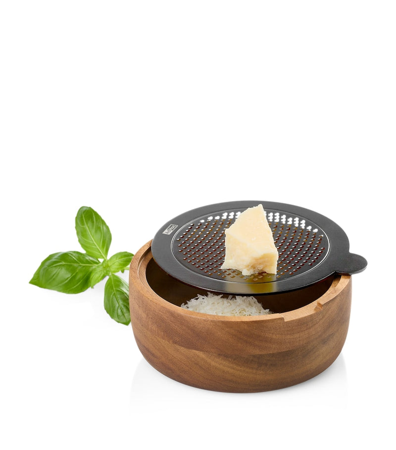 AdHoc fine round grater with acacia wood serving bowl - British product