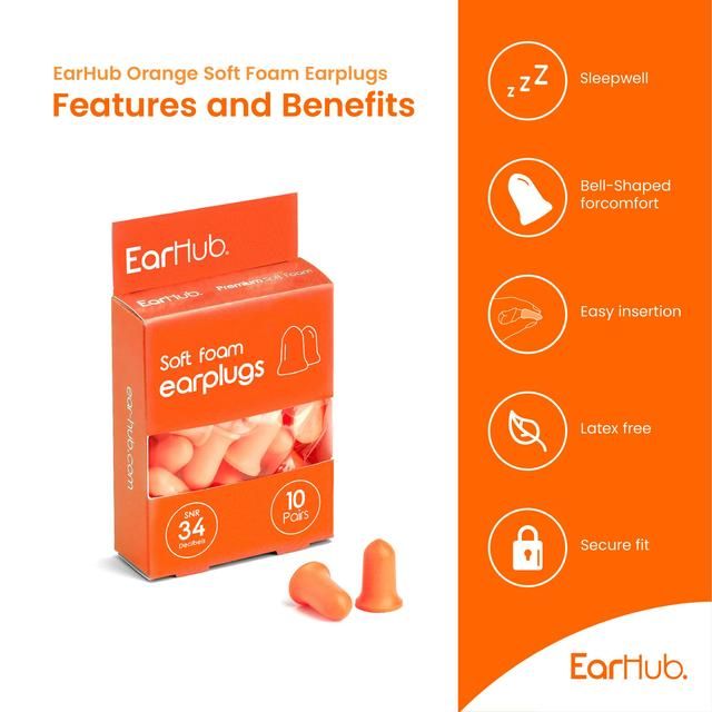 EarHub Premium Soft Orange Foam Earplugs 10 per pack