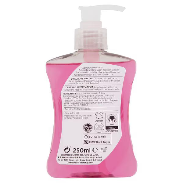 Superdrug Strawberry antibacterial handwash 250ml (British brand)