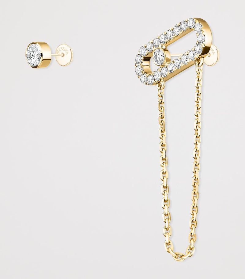 Messika Move Uno asymmetric earrings 18kt yellow gold 0.30ct diamond, imported from the UK