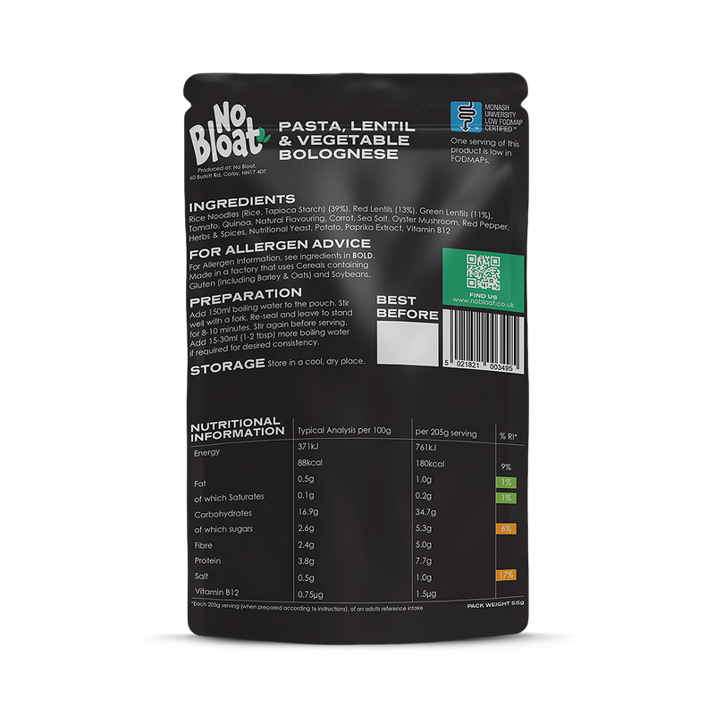 No Bloat pasta bolognese meal pouches 4x50g - British product