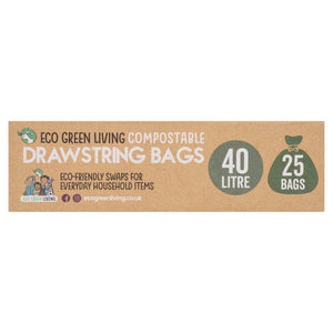 Eco Green Living Certified Compostable 40L Heavy Duty Drawstring Bin Bags 25 per pack