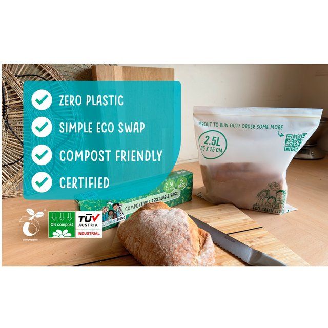 Eco Green Living Certified Compostable Large 2.5L Resealable Ziplock Bags 15 per pack