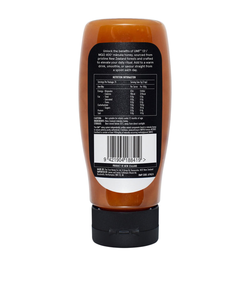 The True Honey Co manuka honey UMF 13+ MGO 400+ squeezy 375g, UK version