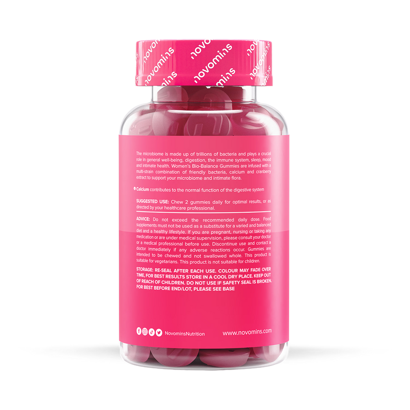 Novomins Women's Bio-Balance Strawberry Flavoured Probiotic Gummies 60 Gummies, imported from the UK