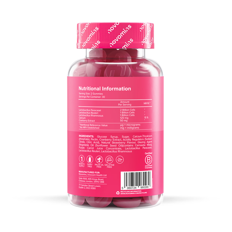 Novomins Women's Bio-Balance Strawberry Flavoured Probiotic Gummies 60 Gummies, imported from the UK