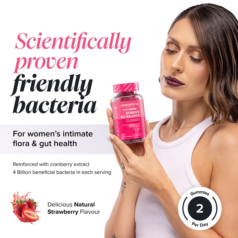 Novomins Women's Bio-Balance Strawberry Flavoured Probiotic Gummies 60 Gummies, imported from the UK