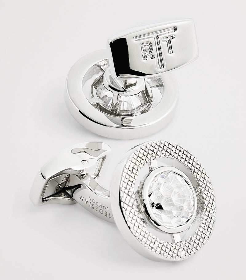 Tateossian rhodium-plated cubic zirconia halo round cufflinks (British brand)
