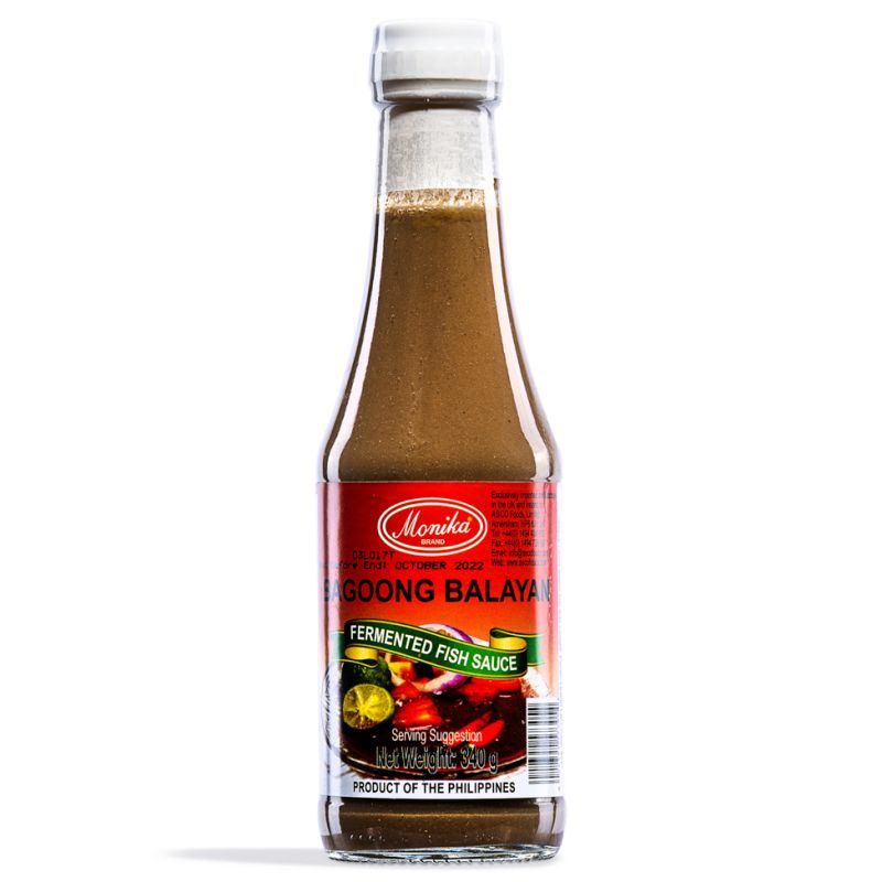Monika brand bagoong balayan fermented fish sauce, UK version