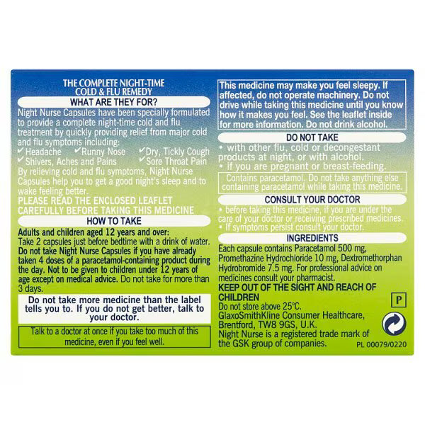 Night Nurse cold flu relief capsules 10-count, imported from the UK