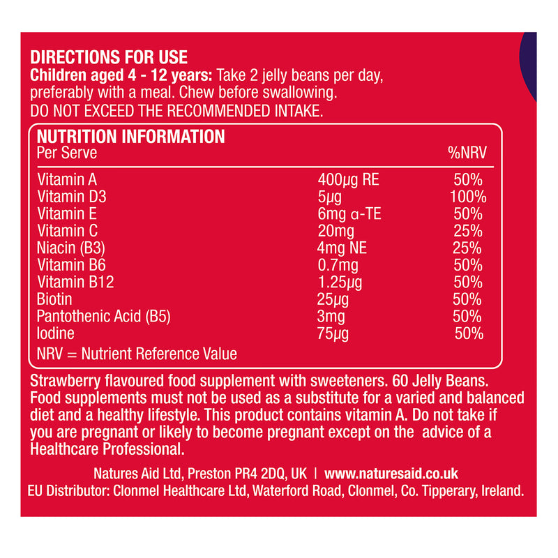 Natures Aid multivitamin jelly beans strawberry flavour 60 beans, imported from the UK