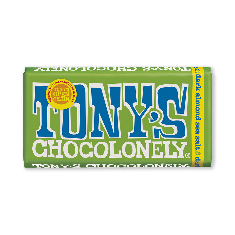 Tony's Chocolonely dark chocolate almond sea salt 180g, UK version