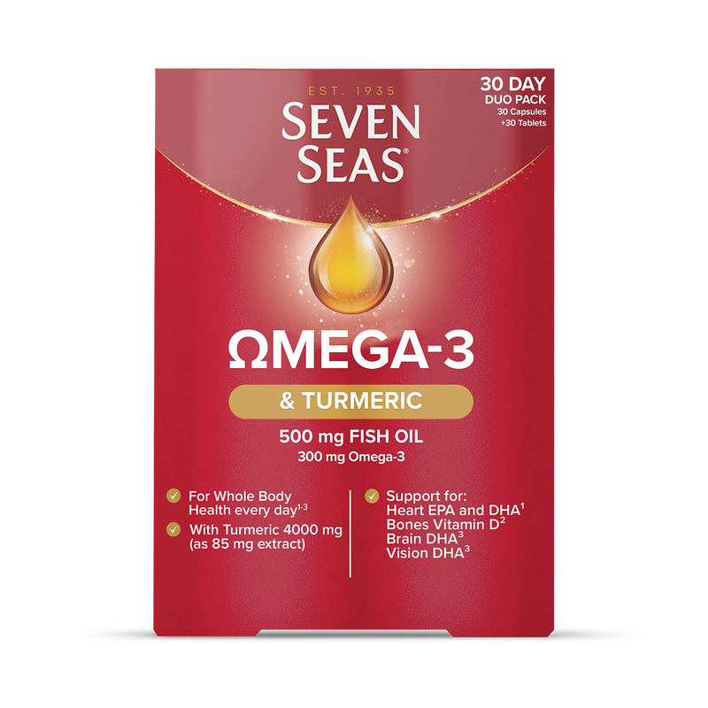 Seven Seas Omega-3 Turmeric supplement 30 tablets & 30 capsules, UK version