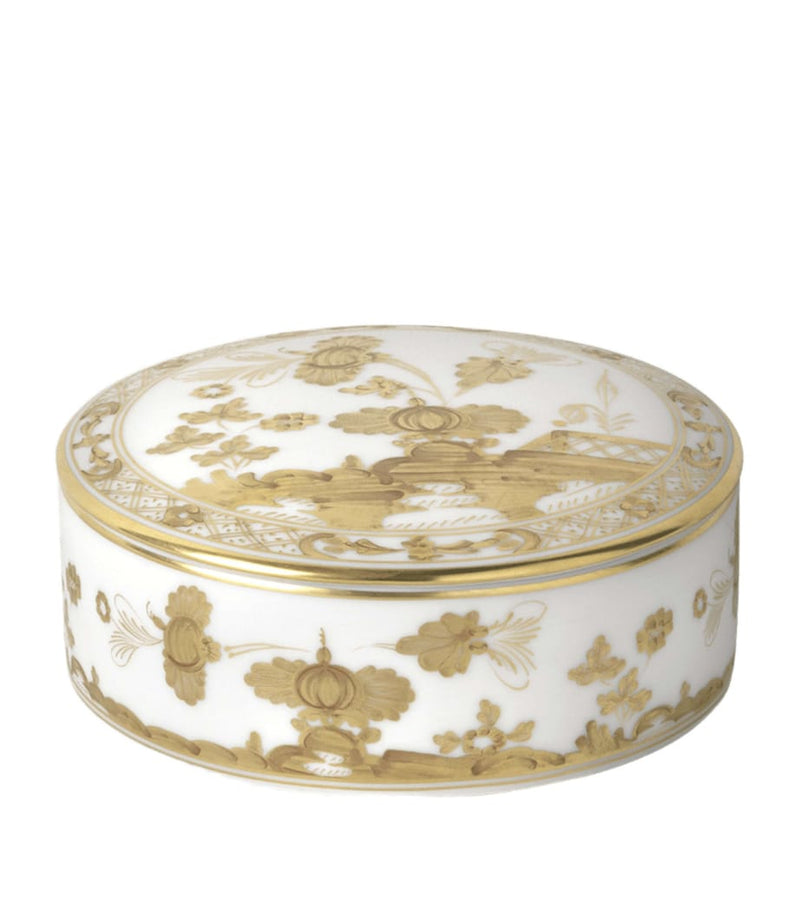 GINORI porcelain round trinket box with gold floral decoration, approx. 5.5cm x 13cm x 13cm, UK version
