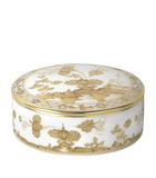 GINORI porcelain round trinket box with gold floral decoration, approx. 5.5cm x 13cm x 13cm, UK version