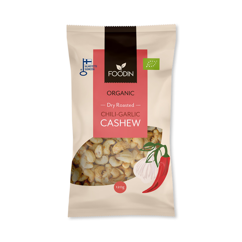 Organic chili-garlic cashew nuts 8x120g (British brand)