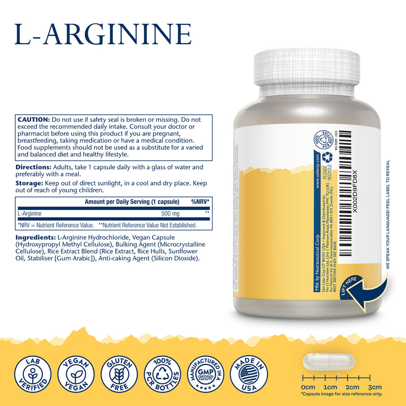 Solaray L-Arginine 500mg capsules 100 count (British brand)