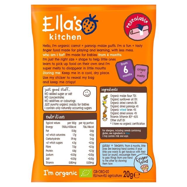 Ella's Kitchen Carrot & Parsnip Melty Puffs Baby Snack 6+ Months   20g