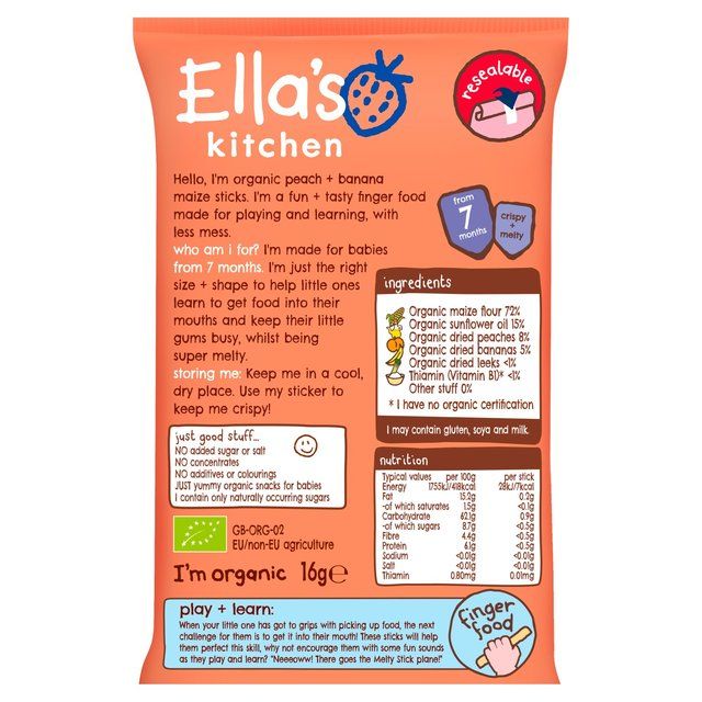 Ella's Kitchen Peach & Banana Melty Sticks Baby Snack 7+ Months 16g