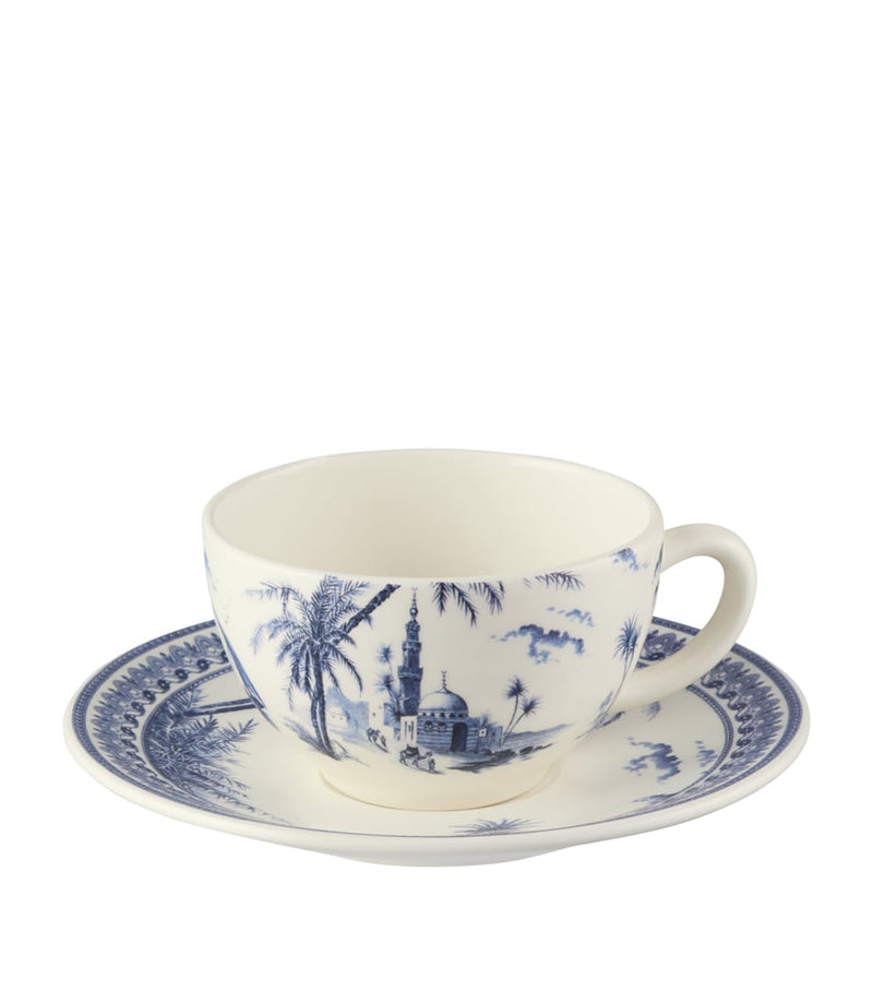 Gien ceramic teacup and saucer blue-and-white transferware, UK version