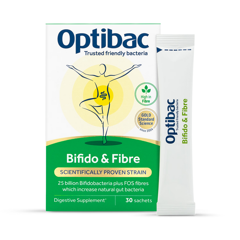 Optibac Bifido & Fibre 30 sachets probiotic supplement, imported from the UK
