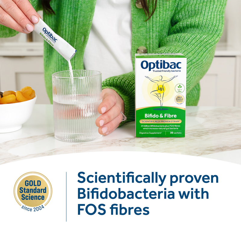 Optibac Bifido & Fibre 30 sachets probiotic supplement, imported from the UK