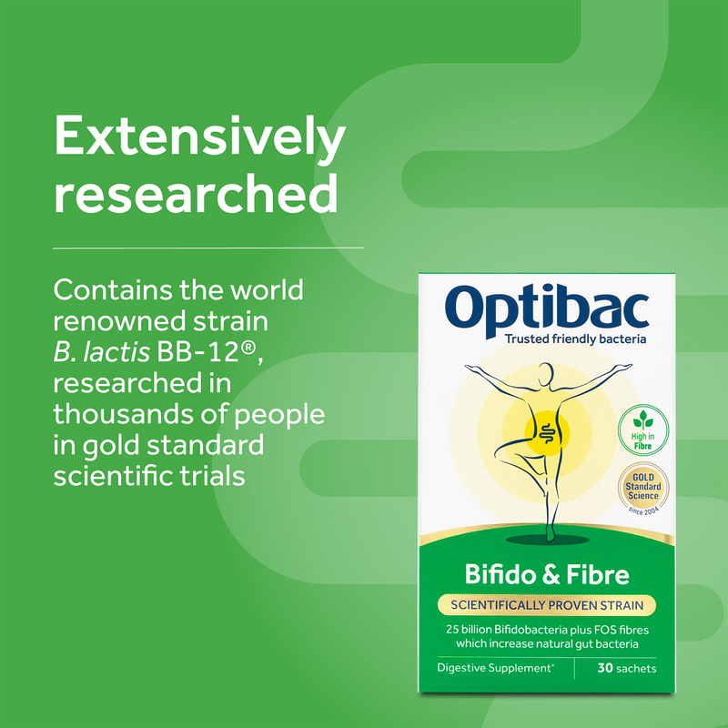 Optibac Bifido & Fibre 30 sachets probiotic supplement, imported from the UK