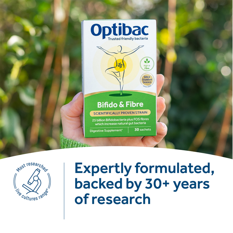 Optibac Bifido & Fibre 30 sachets probiotic supplement, imported from the UK
