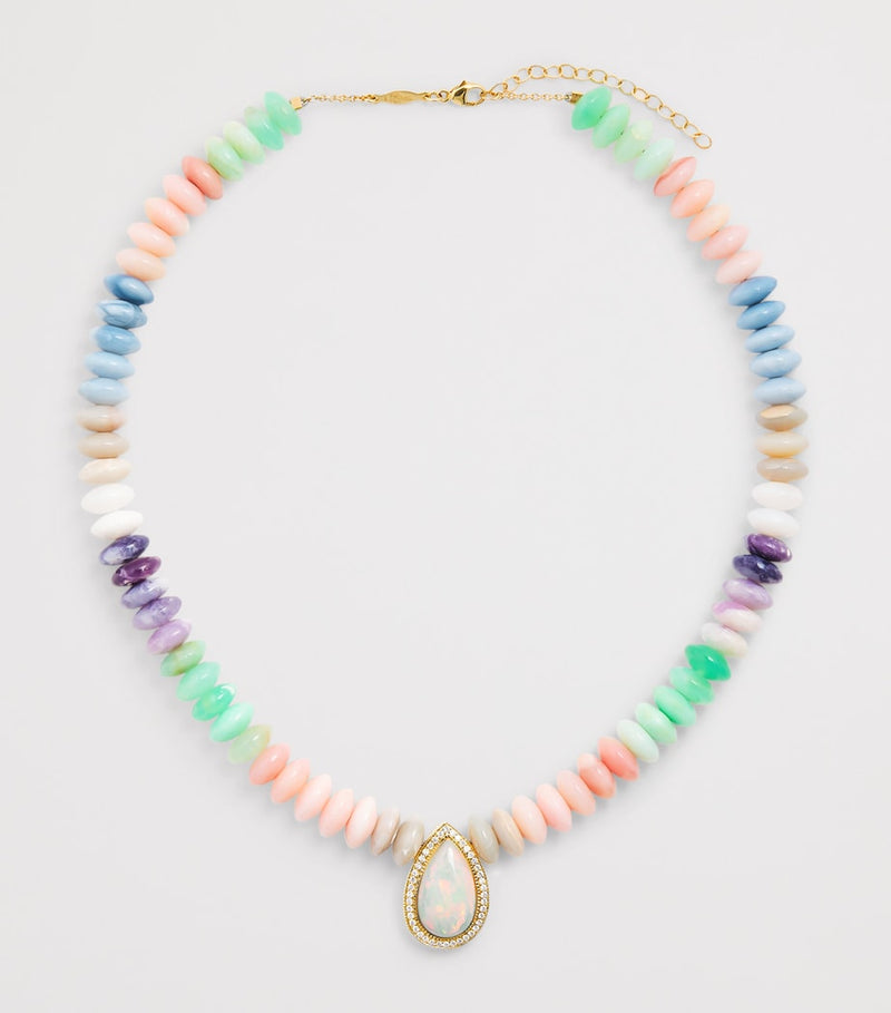 Jacquie Aiche yellow gold diamond opal beaded necklace, imported from the UK