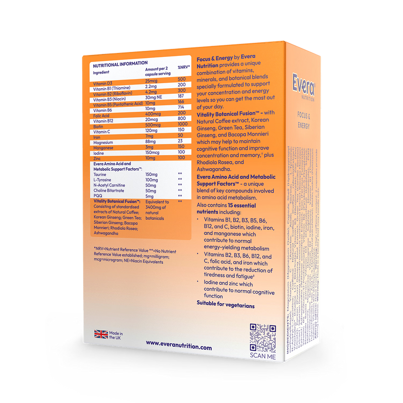 Evera Nutrition Focus and Energy 60 capsules (British brand)