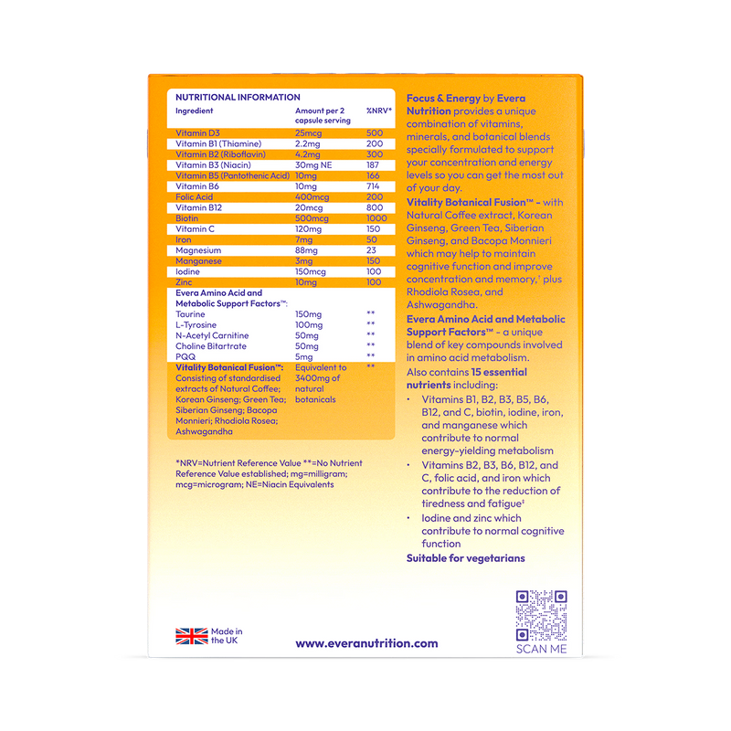 Evera Nutrition Focus and Energy 60 capsules (British brand)