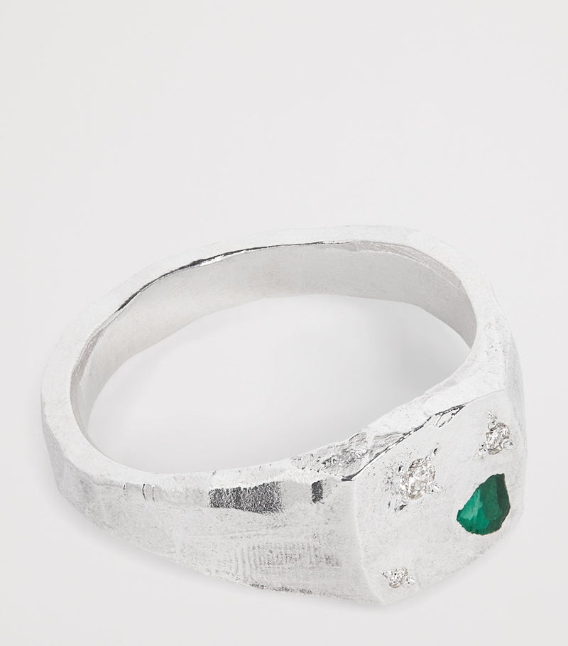 The Ouze sterling silver and emerald scatter signet ring (British brand)