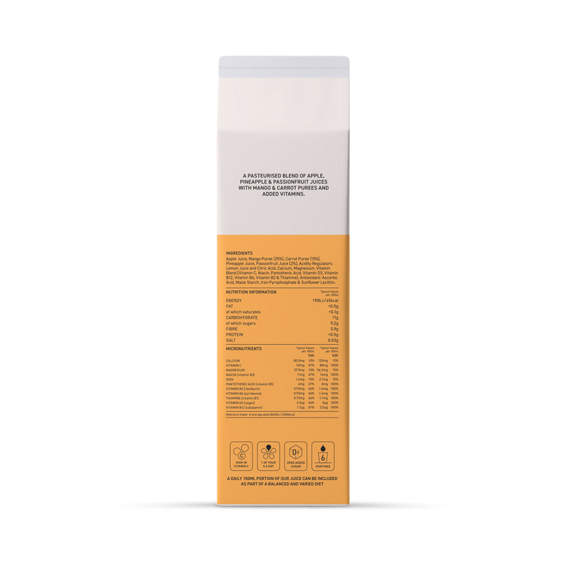 Benefit Wellness mango passion fruit carrot juice 900ml, imported from the UK