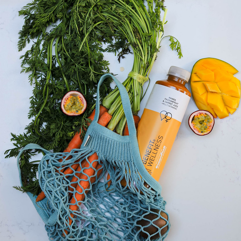 Benefit Wellness mango passion fruit carrot juice 900ml, imported from the UK