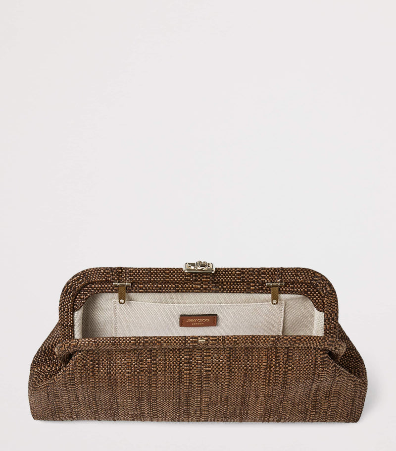 Jimmy Choo Skylar woven rafia clutch bag, imported from the UK