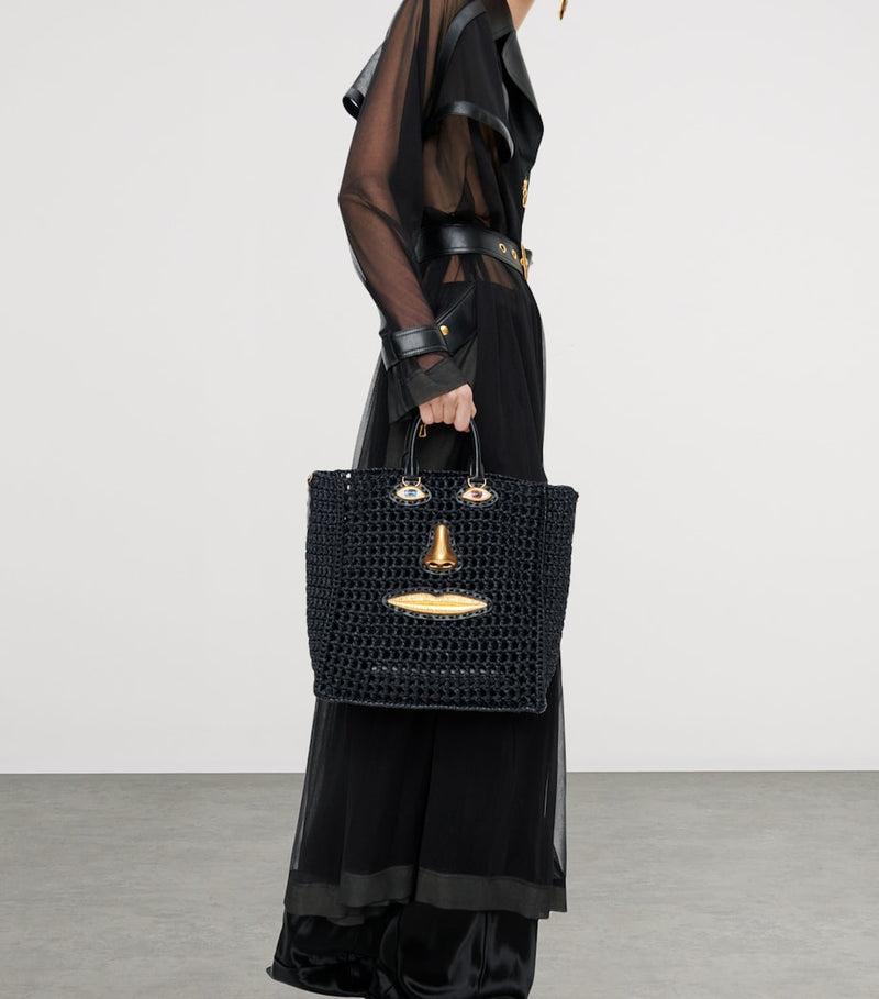 Schiaparelli raffia face tote bag H32cm with leather trims (British brand)