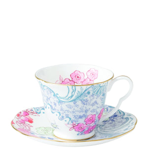 Butterfly Bloom Teacup and Saucer with Floral Design and Gold Banding