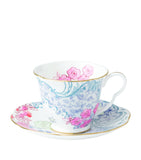 Wedgwood Butterfly Bloom teacup and saucer with floral design and gold banding (British brand)