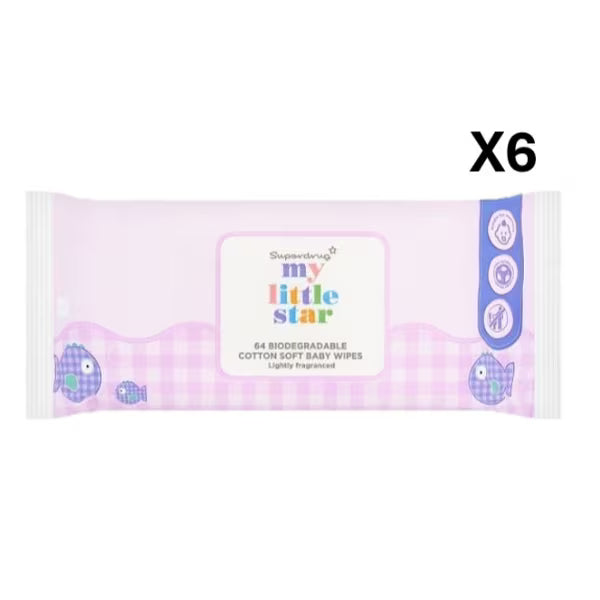 Superdrug My Little Star baby wipes lightly fragranced 64 count x 6 bundle (British brand)
