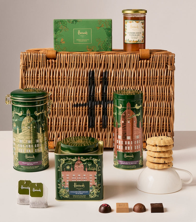 Harrods tea hamper wicker basket with assorted treats, UK version