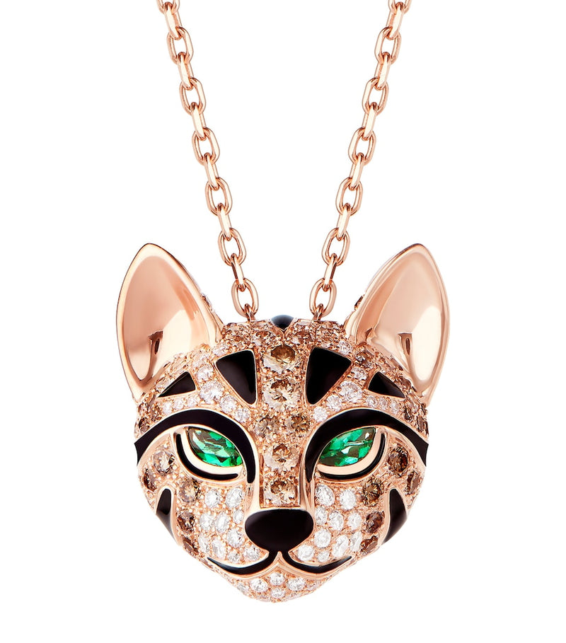 Boucheron rose gold leopard necklace with diamonds and emeralds, UK version