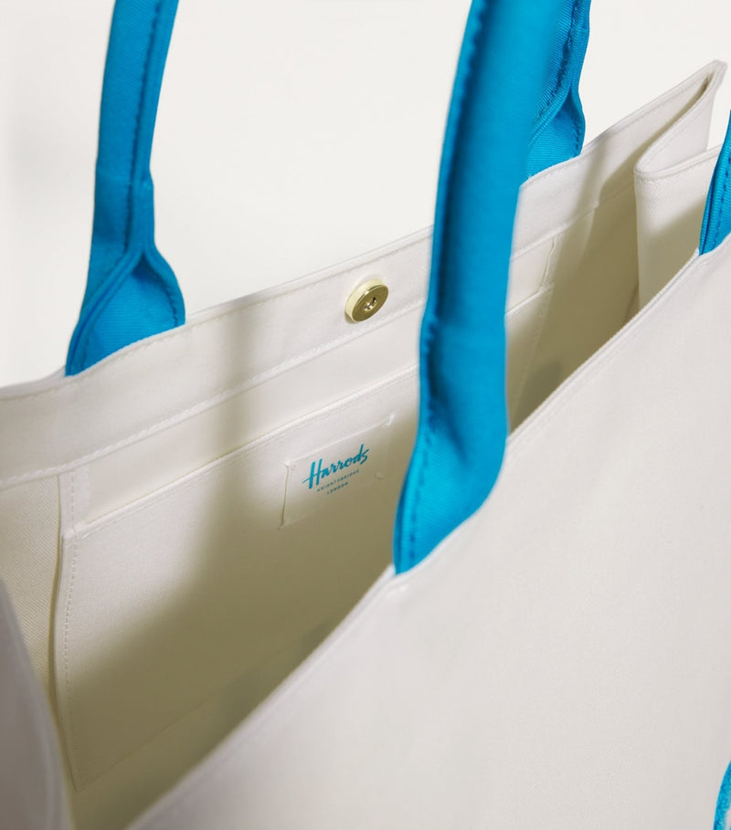 Harrods large cotton logo tote bag in ivory and blue, UK version