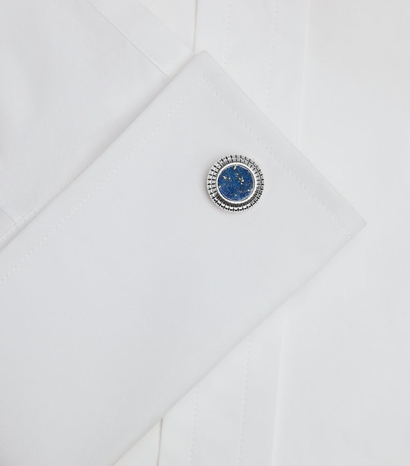 Dunhill rhodium-plated silver and sodalite hobnail cufflinks, imported from the UK