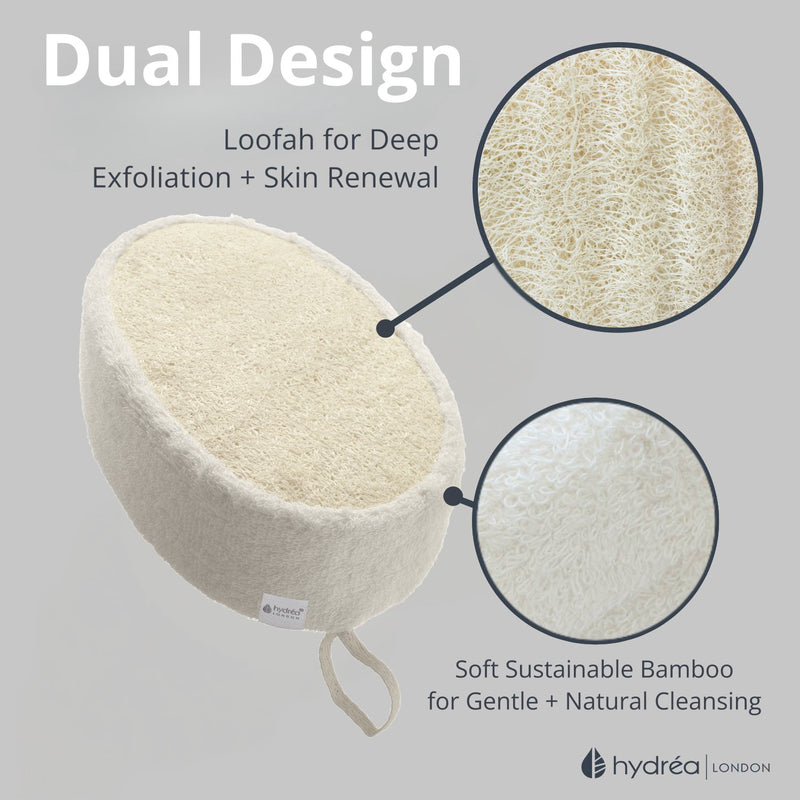 Hydréa London bamboo and loofah exfoliating sponge, imported from the UK