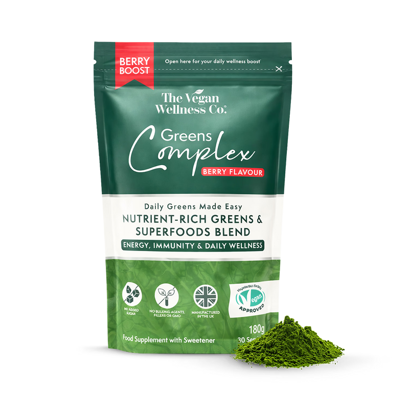 The Vegan Wellness Co. Greens Complex Berry Boost 180g, imported from the UK