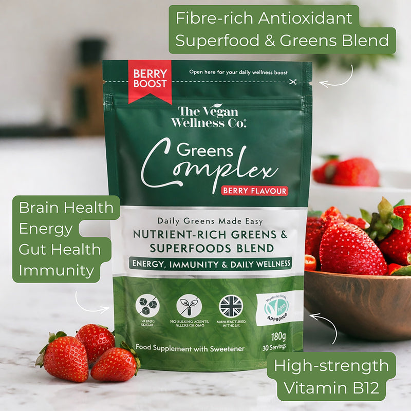 The Vegan Wellness Co. Greens Complex Berry Boost 180g, imported from the UK