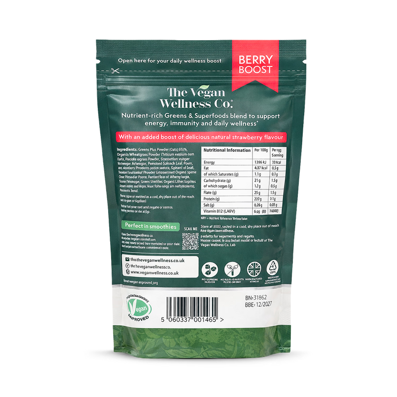 The Vegan Wellness Co. Greens Complex Berry Boost 180g, imported from the UK