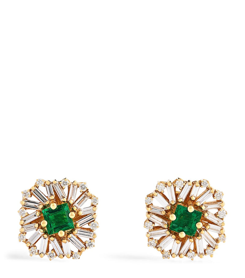 Suzanne Kalan flower stud earrings yellow gold diamond emerald - British product