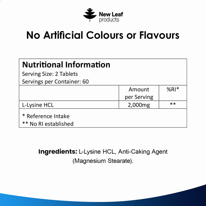 New Leaf Products L-Lysine 120 tablets supplement, UK version