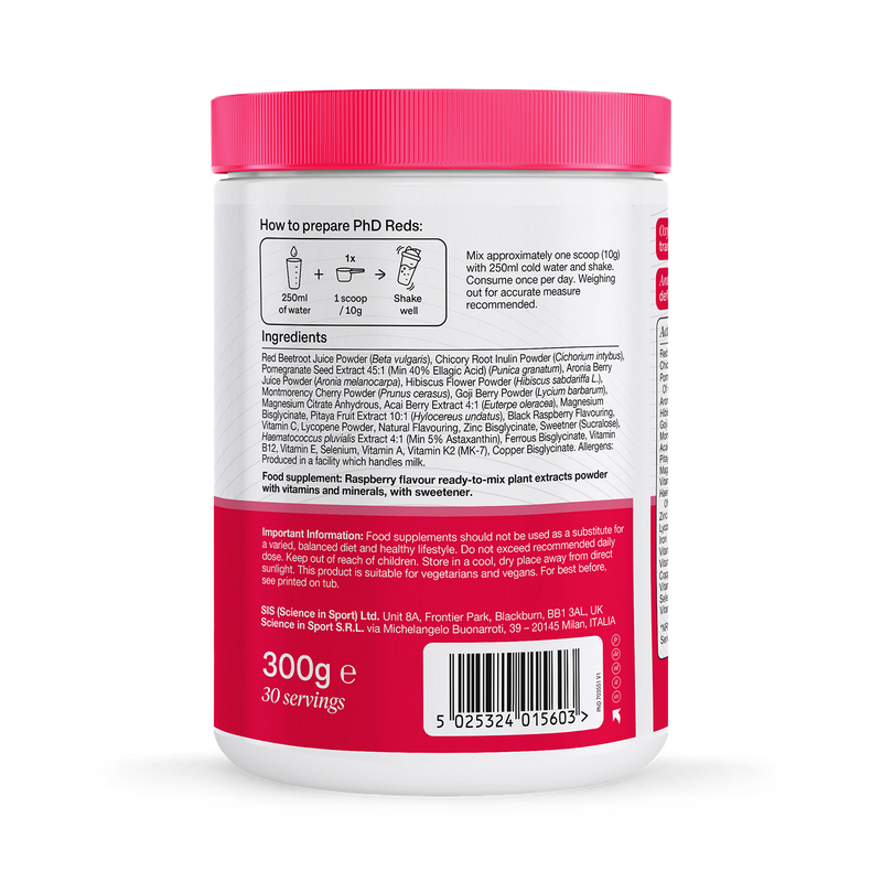 PhD Reds raspberry powder supplement 1000g, imported from the UK